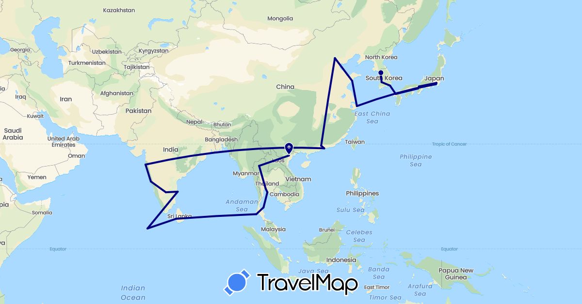 TravelMap itinerary: driving in China, India, Japan, South Korea, Sri Lanka, Maldives, Thailand, Vietnam (Asia)